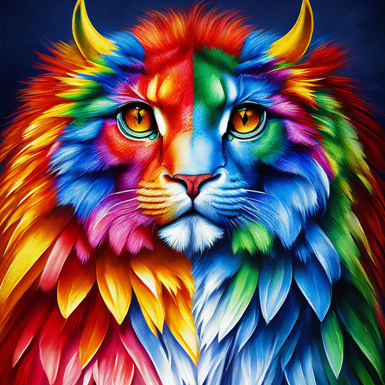 Colorful Lion Portrait with Intense Gaze