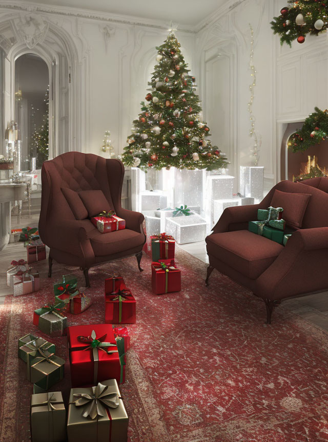 Luxurious Christmas-themed room with large tree, presents, armchairs, and festive decor