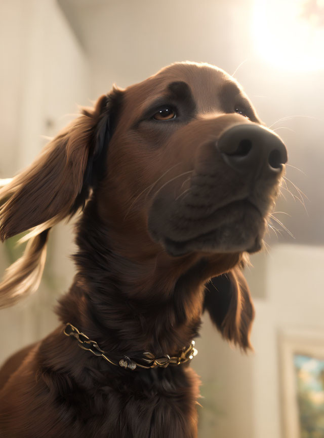 Brown Dog with Shiny Coat and Chain Collar in Close-Up Shot