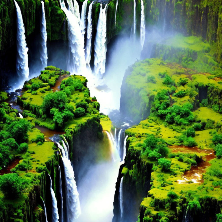 Verdant gorge with multi-tiered waterfalls in lush green landscape