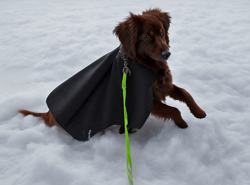 Brown Dog in Black Cloak with Green Leash Sitting on Snow
