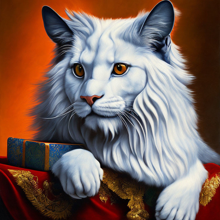 Regal white lion with flowing mane on red and gold fabric