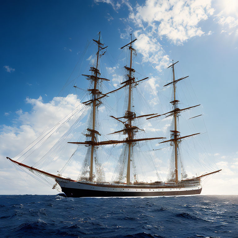 Majestic tall ship with multiple masts and sails on blue sky and ocean
