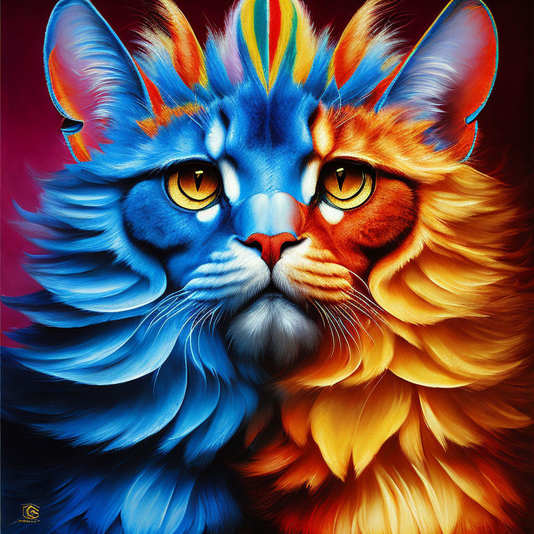Colorful painting of majestic feline creature with split blue and orange visage and tribal patterns