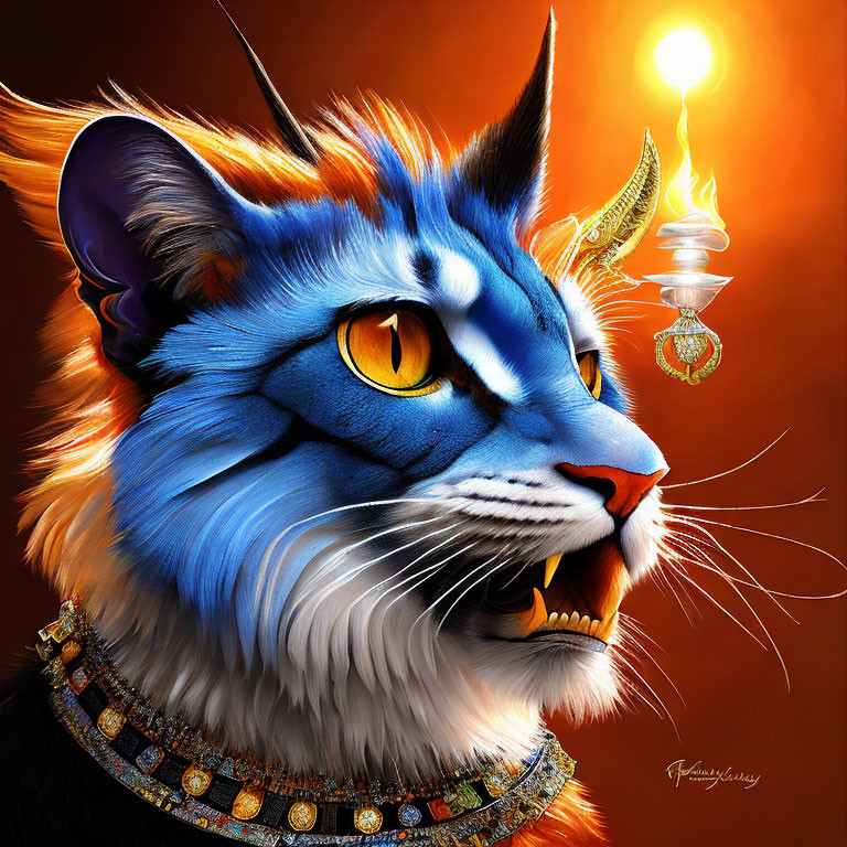 Vibrant blue and orange fur cat portrait with golden eyes and decorated collar