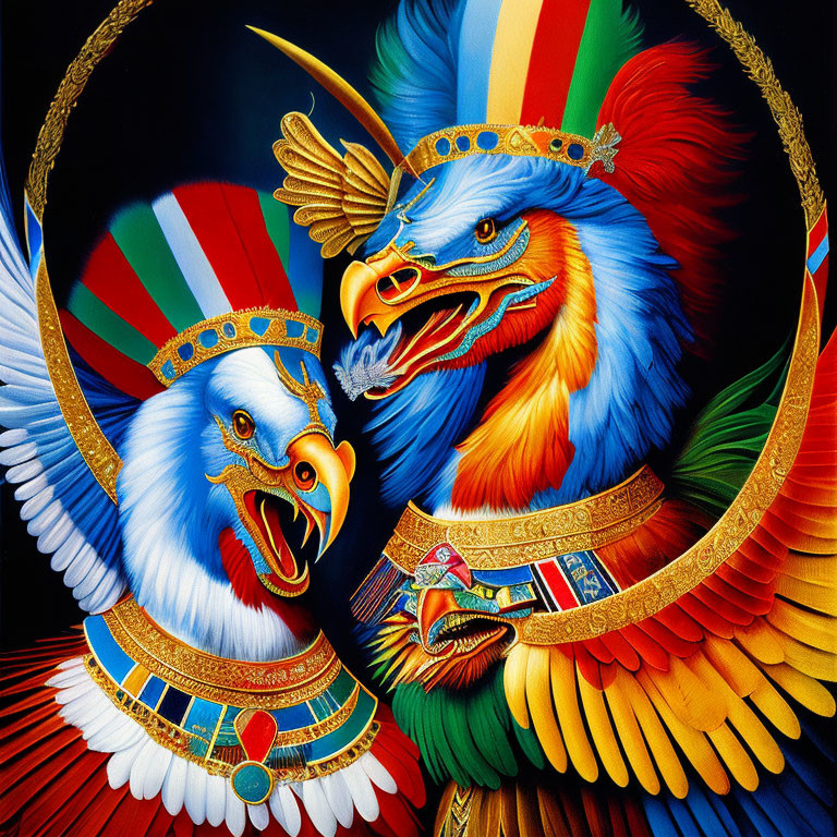 Stylized eagles with Egyptian headdresses on golden circular motif