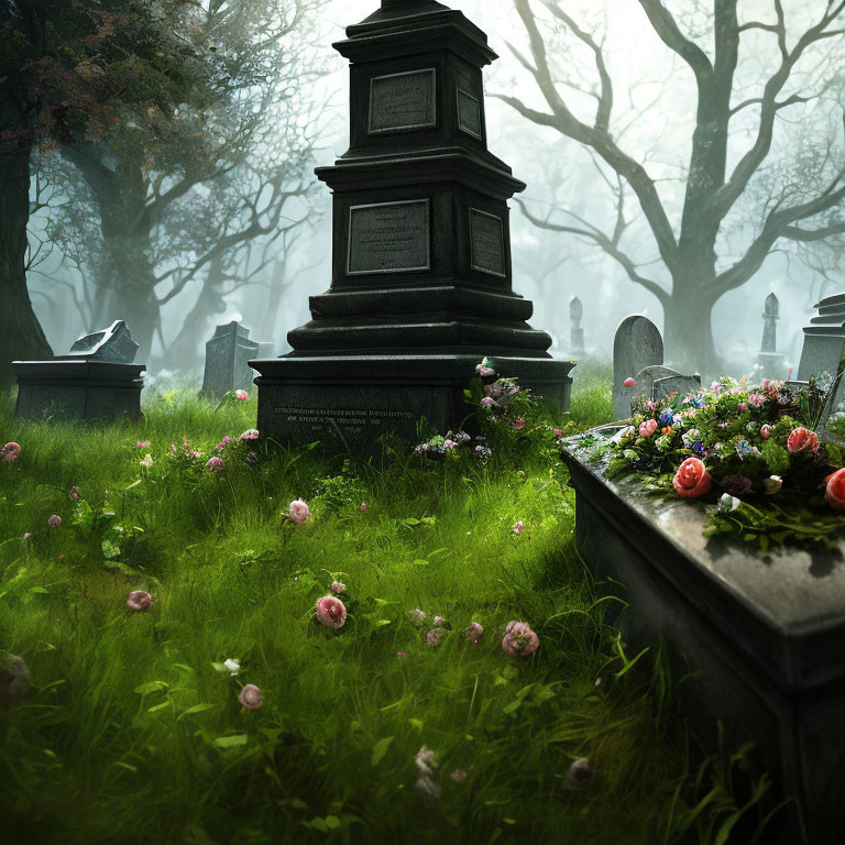 Tranquil cemetery with lush greenery and misty trees