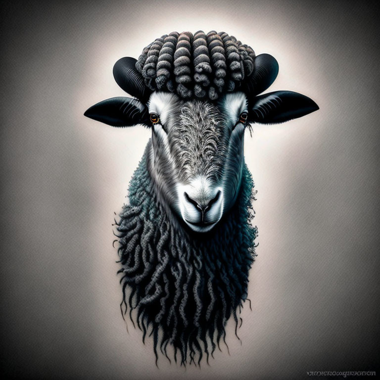 Detailed digital illustration of a sheep with textured wool coat, curved horns, and intense yellow eyes on muted
