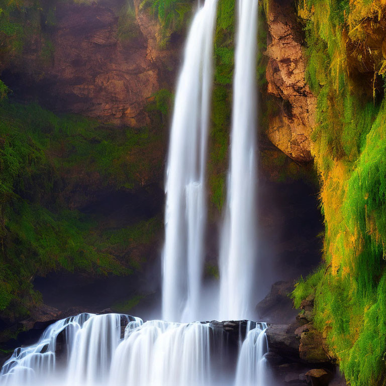 Tranquil waterfall in lush green surroundings