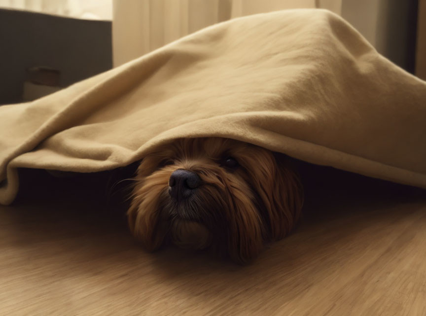 Small Dog Under Beige Blanket in Moody Lighting