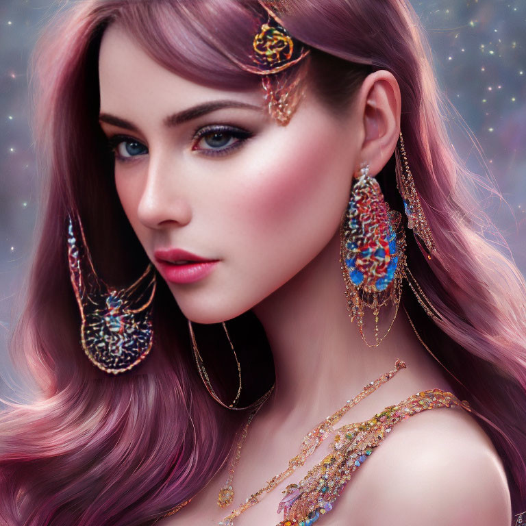 Woman with Pink Hair and Elegant Jewelry on Starry Background