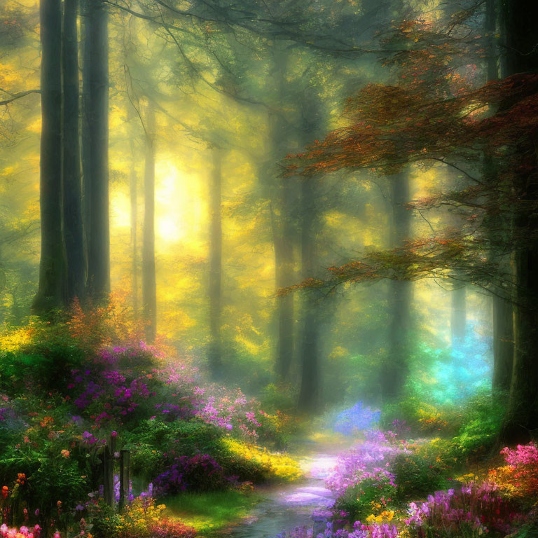 Tranquil Forest Path with Sun Rays and Colorful Flowers