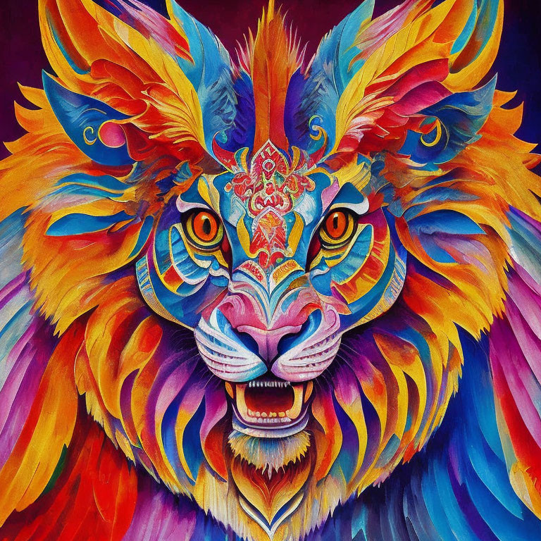 Colorful Lion Painting with Elaborate Patterns on Face and Mane