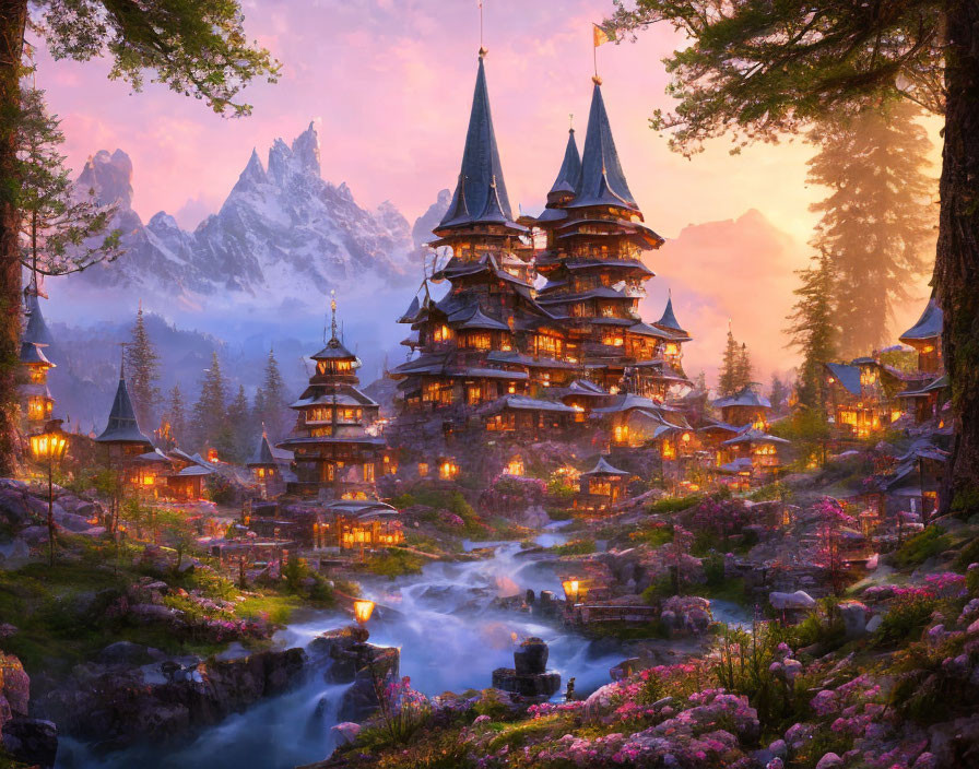 Twilight landscape with pagoda-style castle, illuminated trees, river, mountains