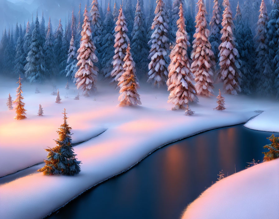 Tranquil winter landscape: snow-covered pine trees by winding river