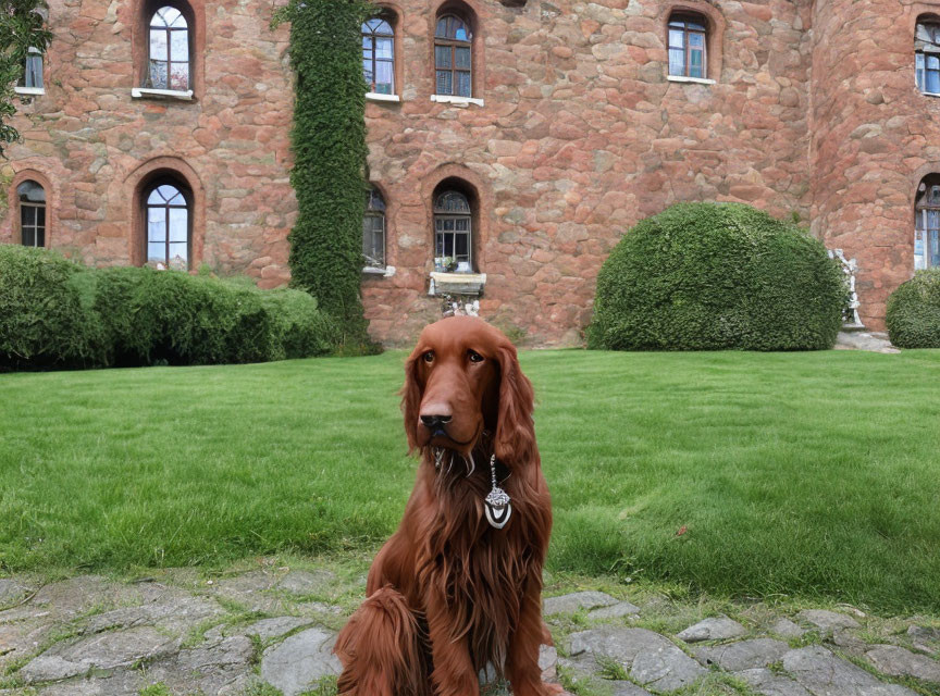 Majestic Irish Setter Dog on Green Grass by Ivy-Covered Brick Building