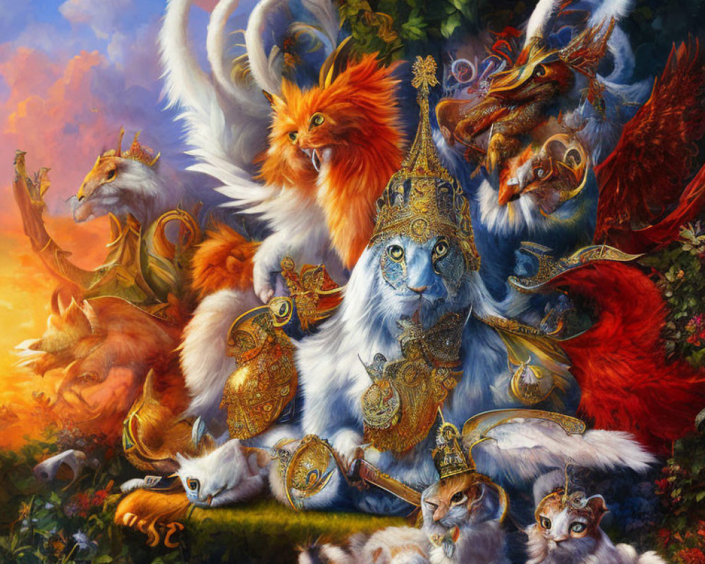 Mythical Creatures with Feline Features in Regal Attire against Colorful Foliage