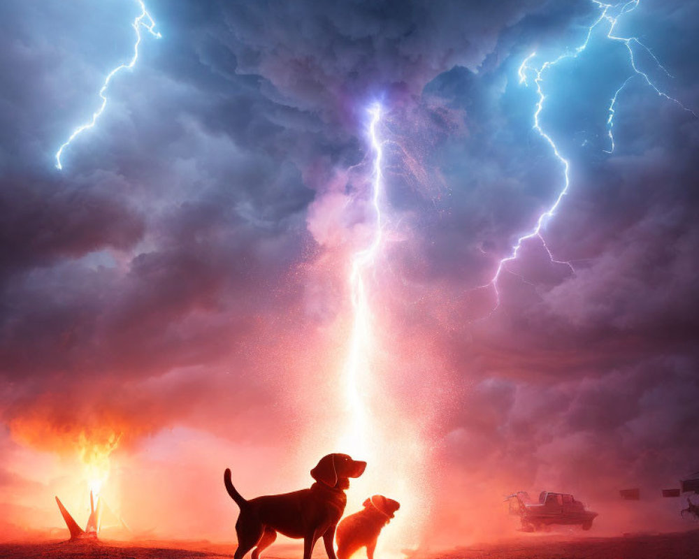 Mother dog and puppy in dramatic lightning storm with fire and tank in the background