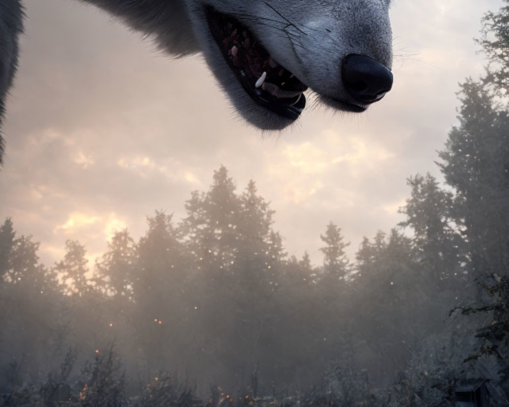 Close-up of a snarling wolf above a misty forest with a dramatic sky full of wolves