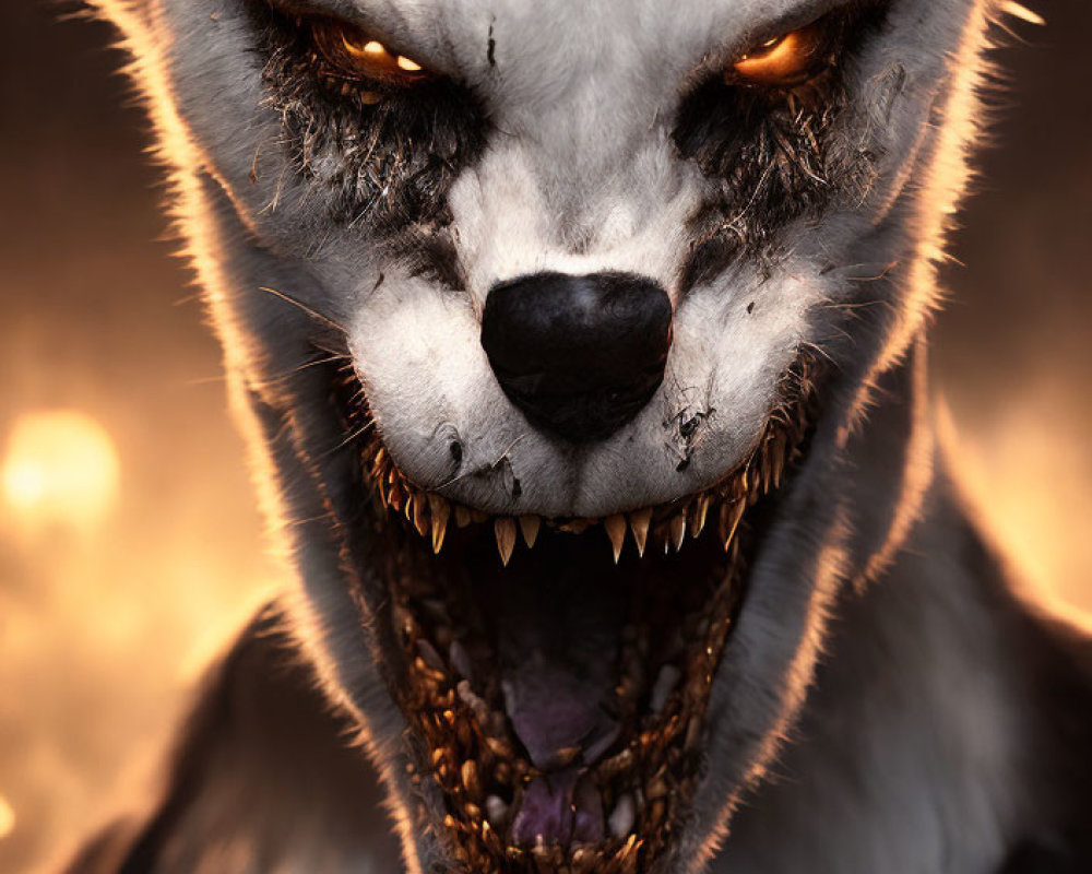 Snarling wolf with glowing eyes in warm light