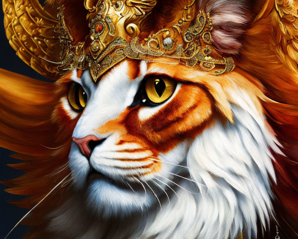 Regal tiger fantasy illustration with golden crown and armor