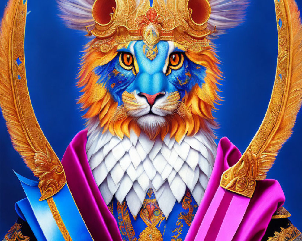 Regal lion illustration with blue fur and golden mane in royal attire