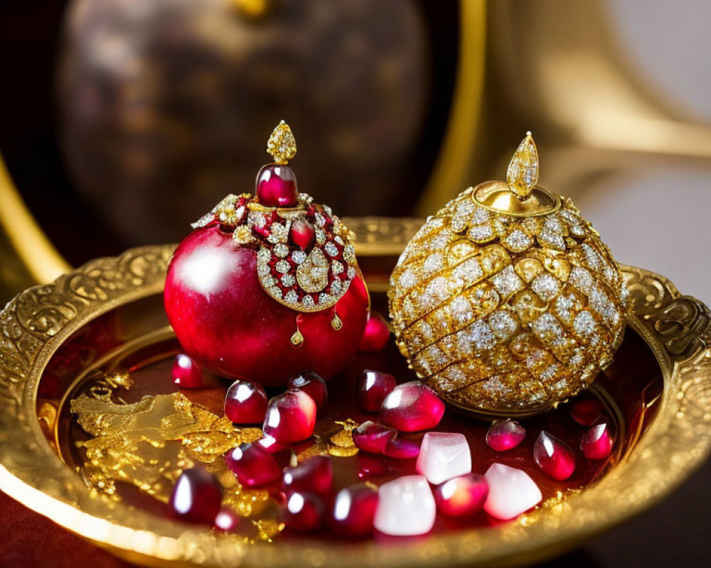 Golden tray with red apple, ornament, and precious stones on plush backdrop