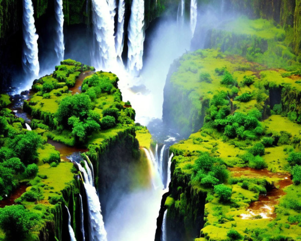 Verdant gorge with multi-tiered waterfalls in lush green landscape
