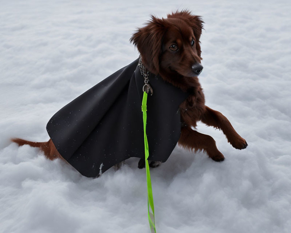 Brown Dog in Black Cloak with Green Leash Sitting on Snow