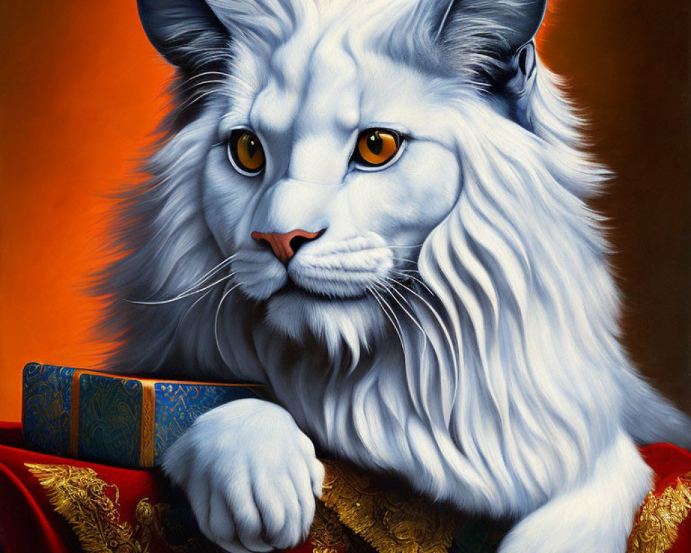 Regal white lion with flowing mane on red and gold fabric