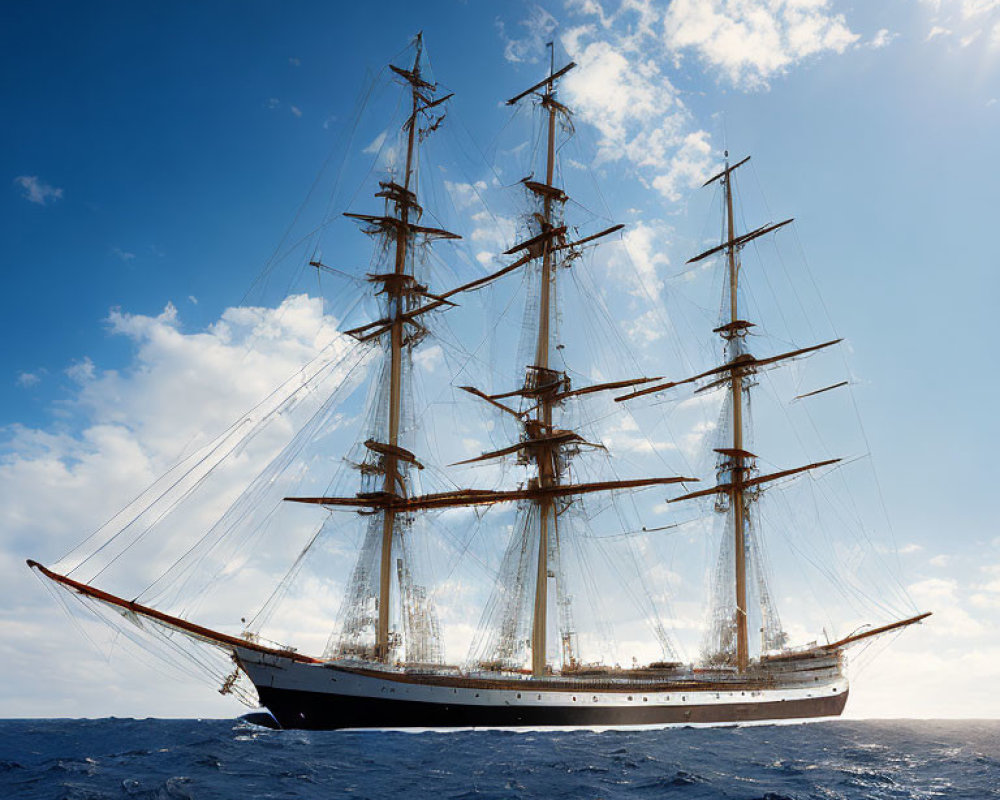 Majestic tall ship with multiple masts and sails on blue sky and ocean