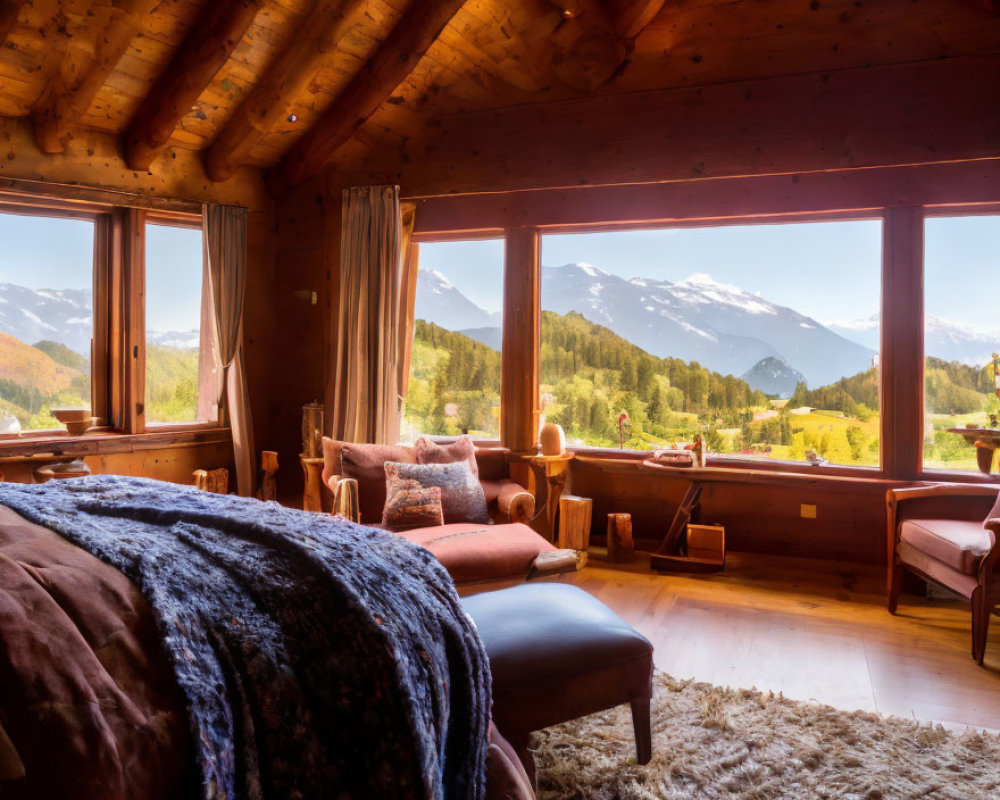 Warm Wooden Cabin Interior with Mountain View and Cozy Furnishings
