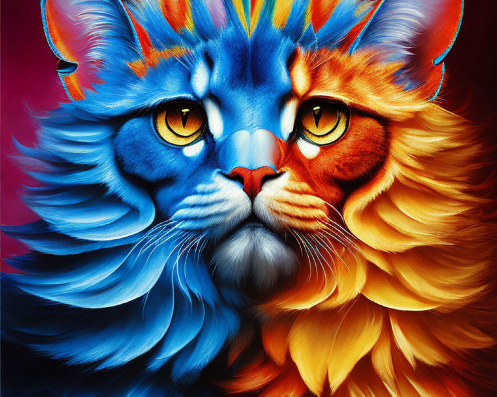 Colorful painting of majestic feline creature with split blue and orange visage and tribal patterns