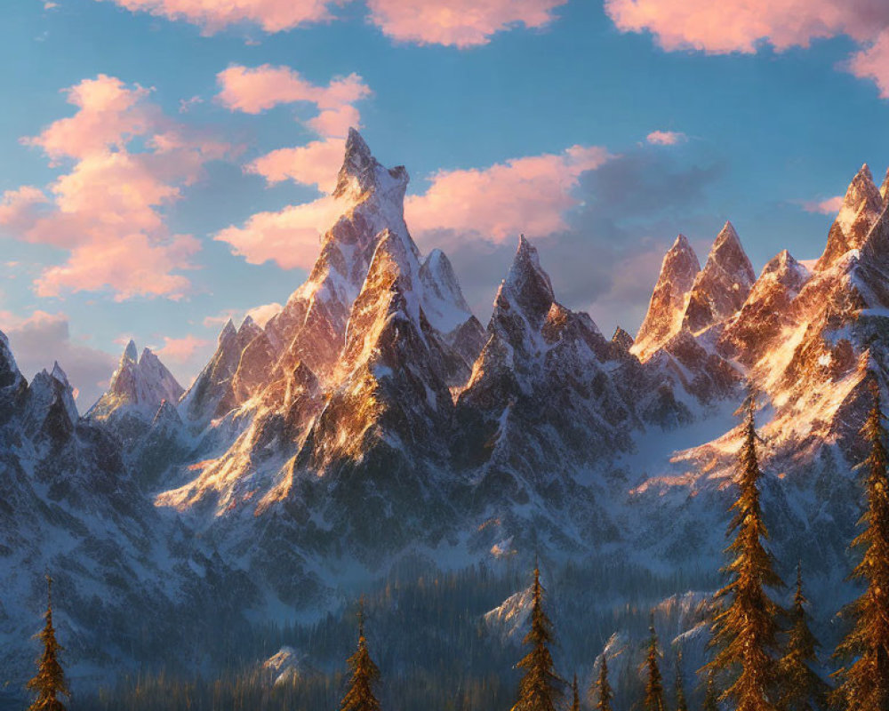 Snow-covered Peaks and Pine Forests in Alpenglow Sunset