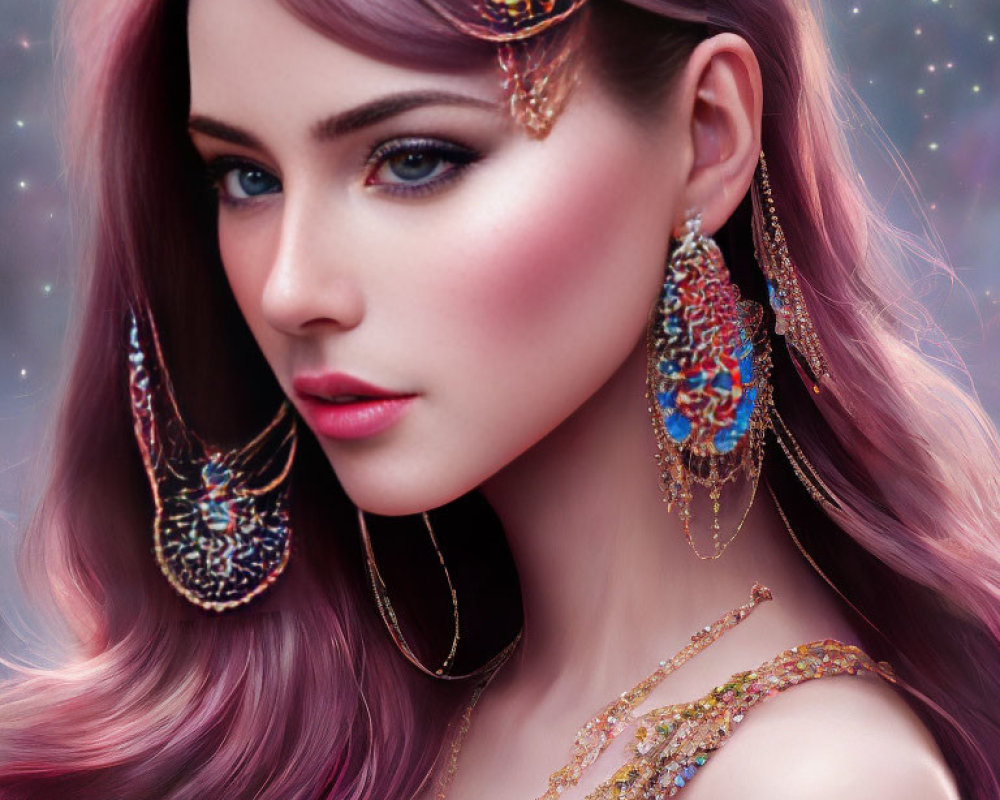Woman with Pink Hair and Elegant Jewelry on Starry Background