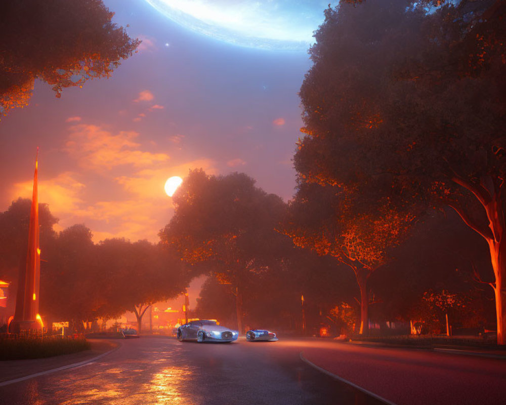 Cars on misty evening road under tree canopy with surreal planet in sky