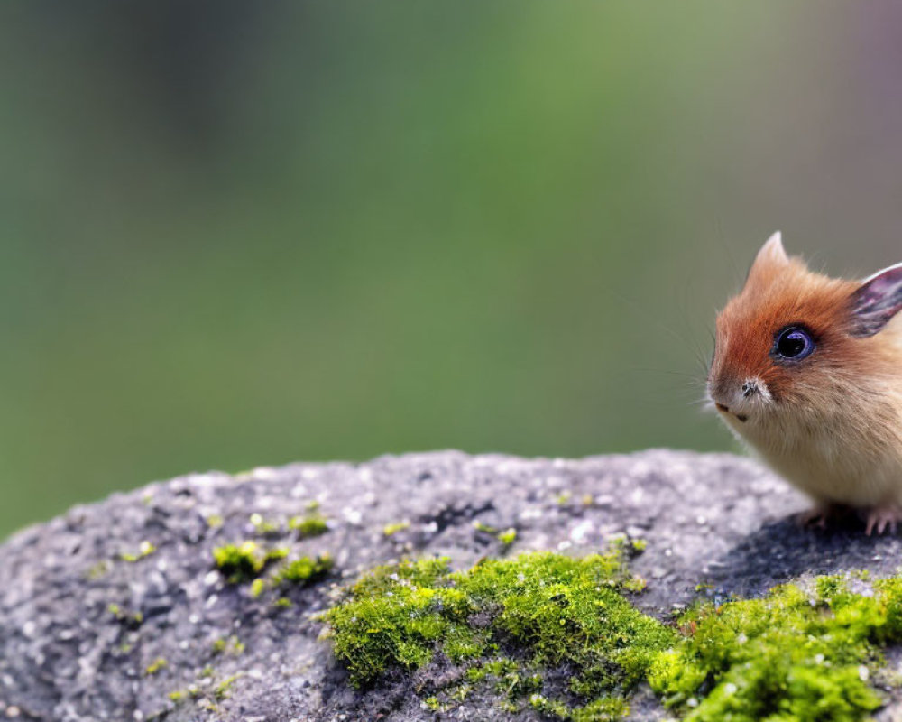 Brown-furred rodent peering over moss-covered rock in soft green background