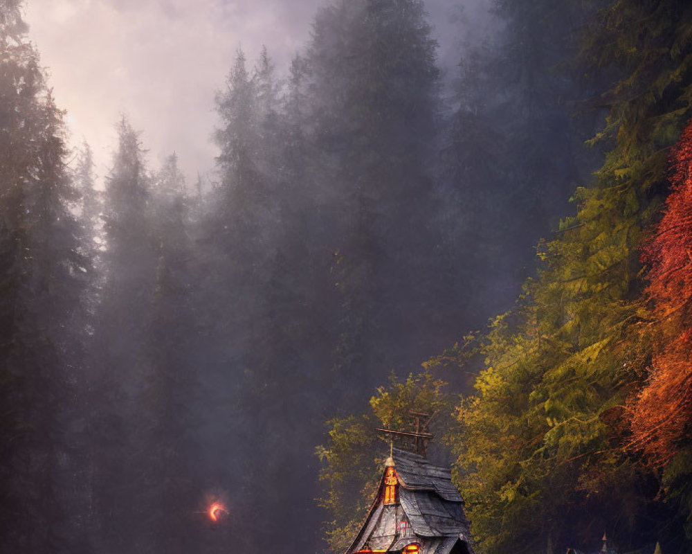 Wooden chapel in pine forest at sunrise with mist above forest clearing