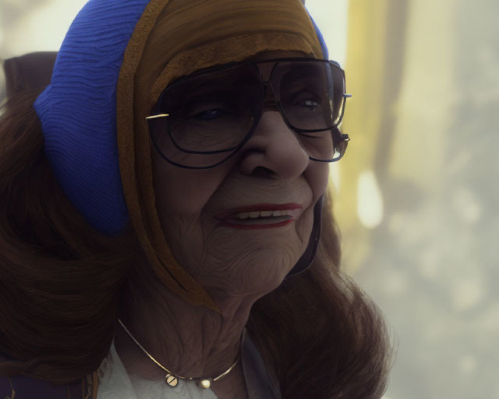Elderly woman with glasses and blue headscarf smiling gently