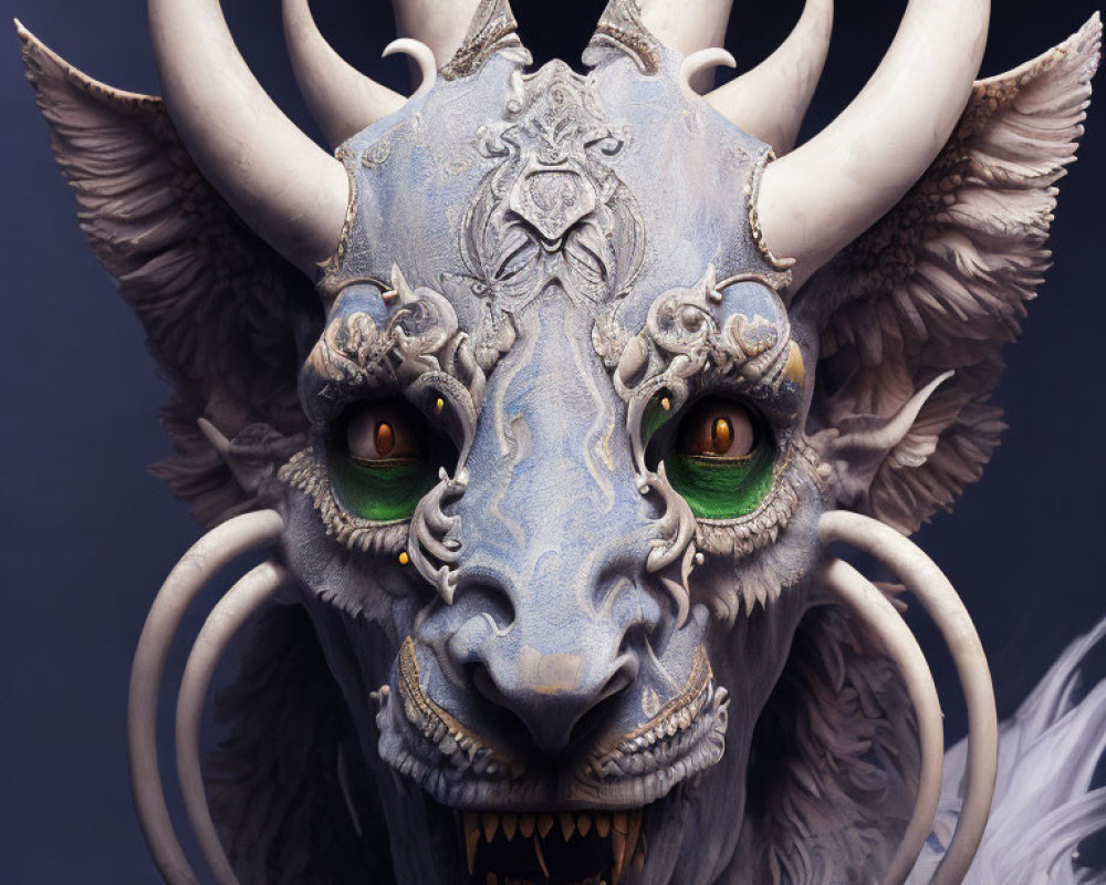 Detailed mask with horned-beast features, metallic textures, green eyes, and fur/feather