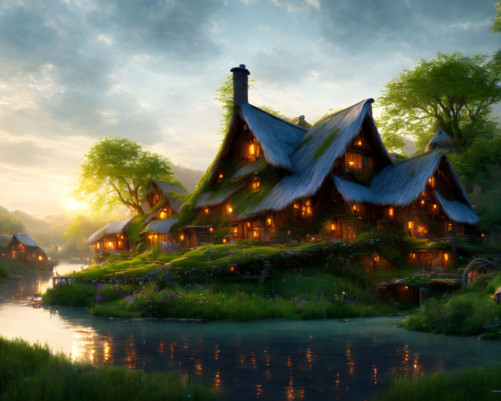 Quaint fantasy cottage with thatched roofs in lush greenery by a serene river