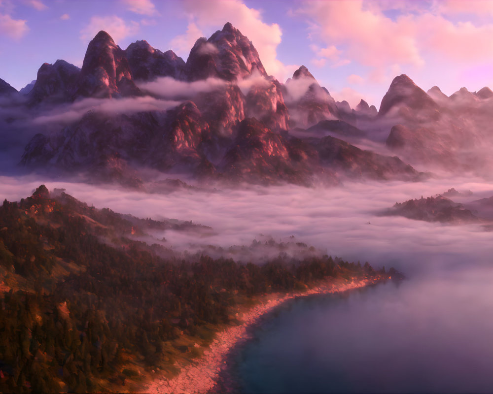 Majestic sunrise landscape: misty mountains, tranquil lake, lush forest.