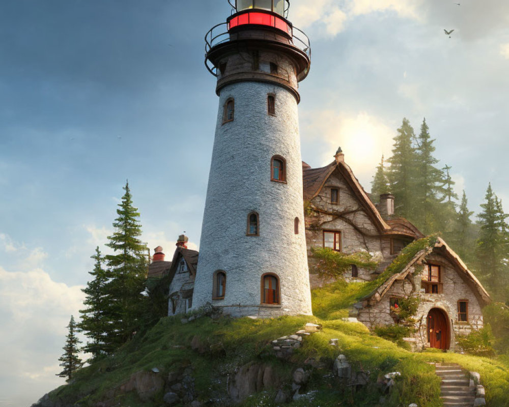 Picturesque lighthouse and stone cottage on rocky coast with lush greenery under golden sky