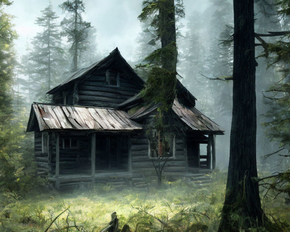 Rustic wooden cabin in misty forest among tall trees