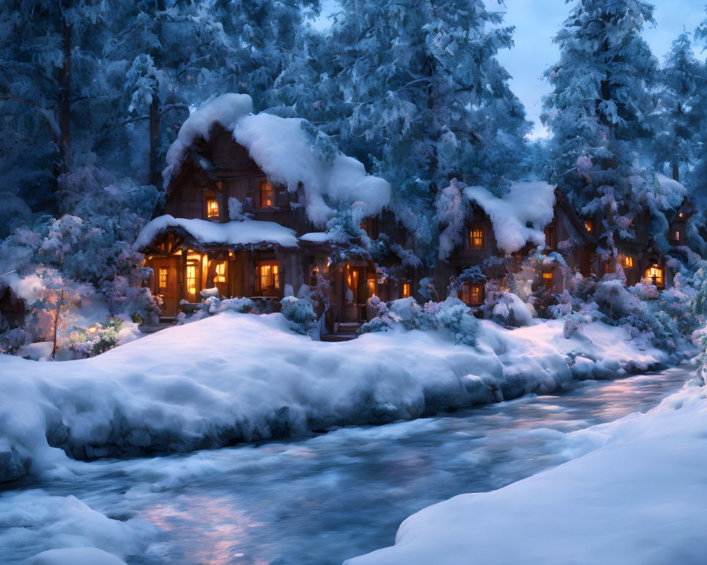 Snow-covered cabin and frosty trees by gently flowing river at dusk