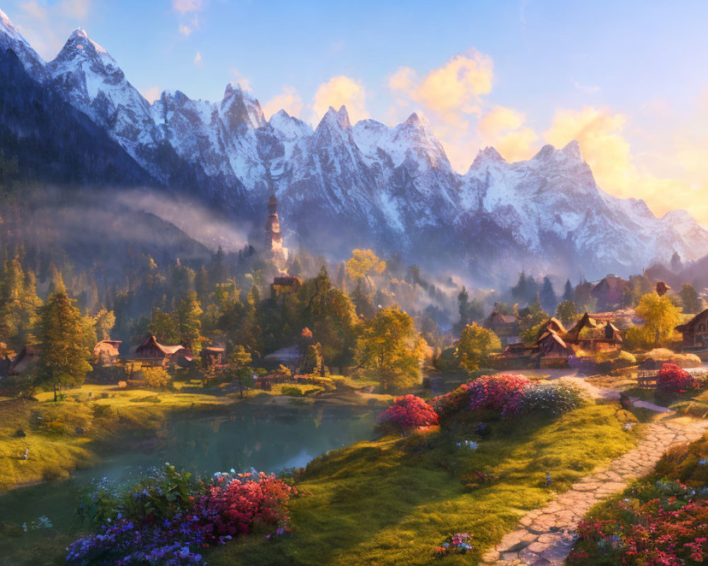 Scenic mountain village at sunrise with lake, flowers, and snowy peaks