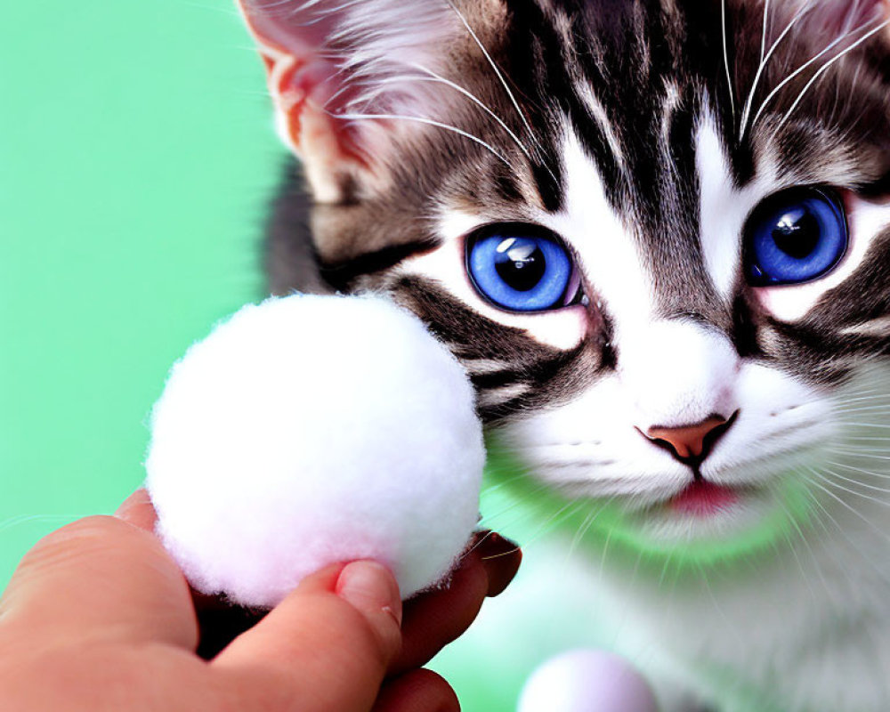 Close-Up of Kitten with Blue Eyes and Striped Fur Curiously Examining White Pom-Pom