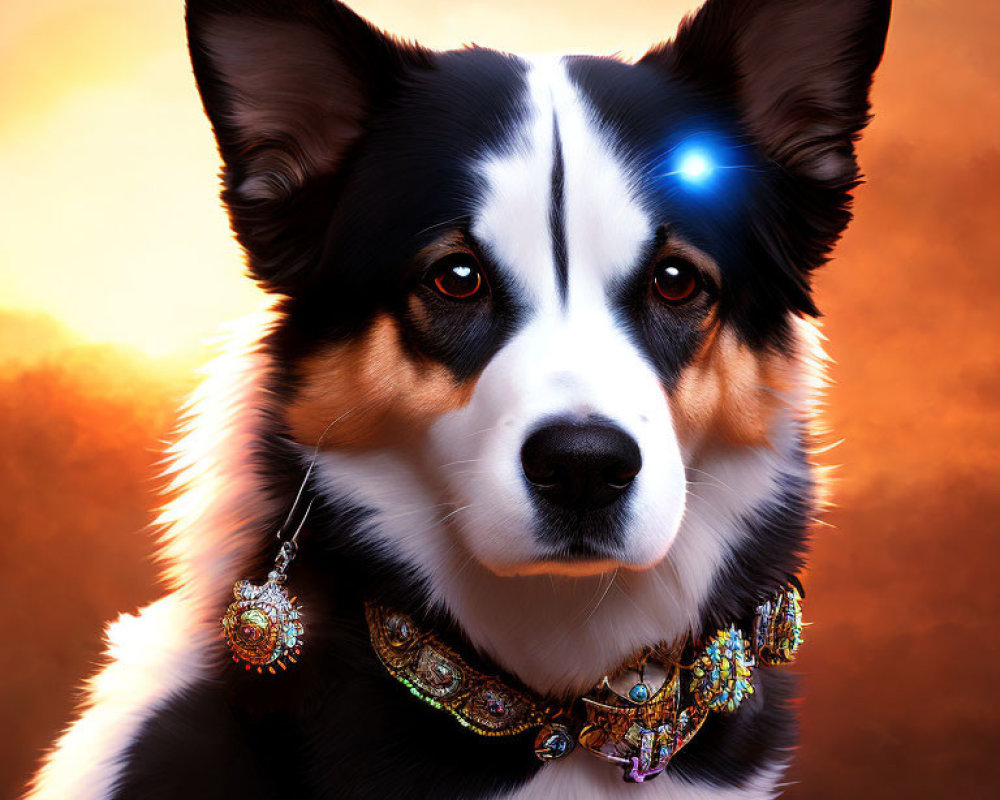 Digitally enhanced black and white dog portrait with blue eyes and jewelry against fiery sunset.