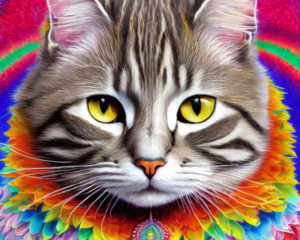 Vibrant psychedelic cat illustration with yellow eyes and rainbow texture