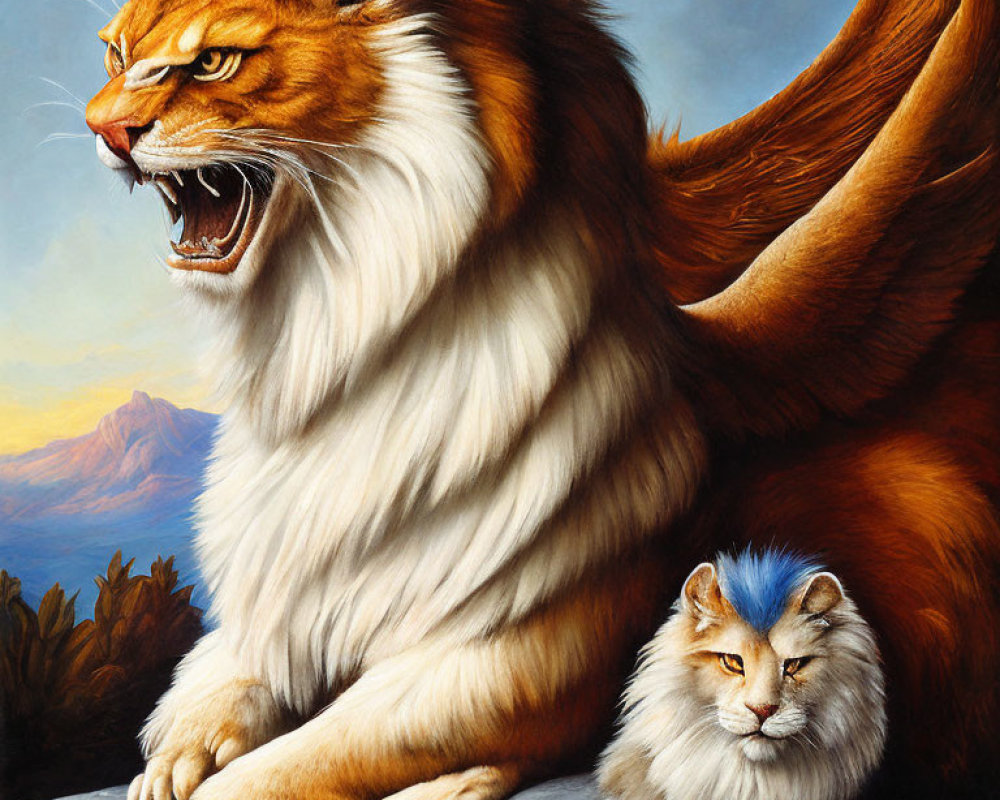 Majestic lions in a fantastical painting: one fiery, one calm with blue fur